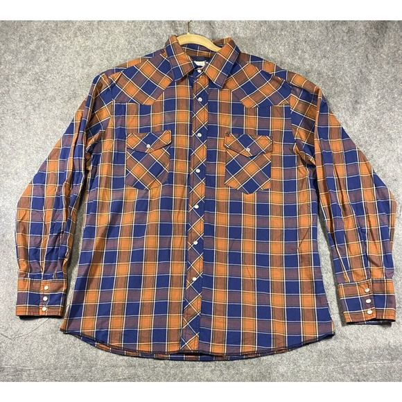 Wrangler Shirt Mens Large Orange Blue Plaid Pearl Western Cowboy Vintage 80s - Picture 1 of 15